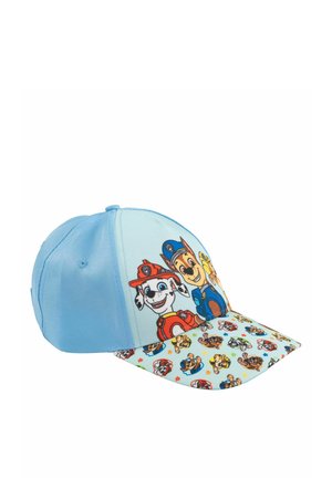 Light blue children's cap featuring colorful Paw Patrol characters, including a Dalmatian in a red firefighter hat, a German Shepherd in blue police uniform, and a yellow dog.