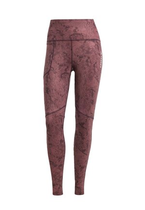 High-waisted maroon leggings with abstract pattern, side pocket on left thigh, and white "TERREX" logo on right hip.