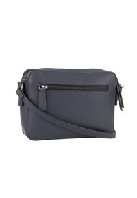 Borsa a tracolla in pelle blu navy con finitura texturizzata, dotata di una tasca frontale con zip e di una tracolla regolabile. Forma rettangolare. Design compatto.