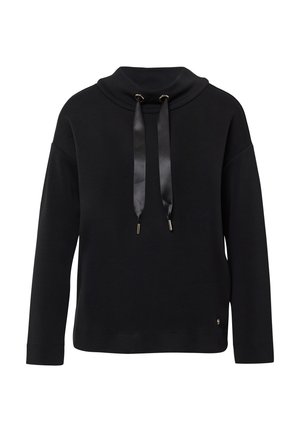 Sweat-shirt noir à manches longues avec un col montant haut et de larges cordons en satin suspendus à des œillets en métal au niveau du col.