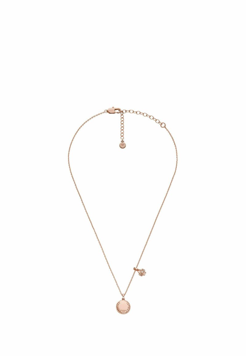 Rose gold-ketju, jossa on herkkä ketju, joka sisältää pyöreän riipuksen, jossa on tekstuuroitu reuna ja kukkaakohdistus. Säädettävä pituus.