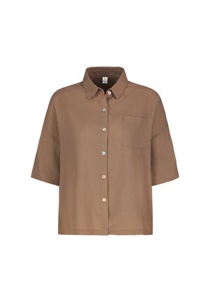 Bruine korte mouwen blouse met knopen, een borstzak en kraag, voorzien van een losse pasvorm en knopen in verschillende kleuren aan de voorkant.