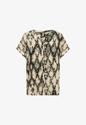 Korte mouwen knoopblouse van lichtgewicht stof, met een beige basis en abstracte patronen in donkergroen en zwart, evenals een V-halslijn.