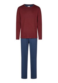 Haut à manches longues bordeaux associé à un pantalon de pyjama bleu marine avec un petit motif géométrique blanc ; en coton, coupe décontractée.