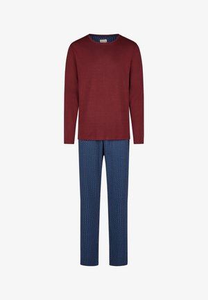 Bordeauxfarbener Langarm-Oberteil kombiniert mit dunkelblauen Pyjamahosen, die ein kleines weißes geometrisches Muster aufweisen; aus Baumwollmaterial, lockere Passform.