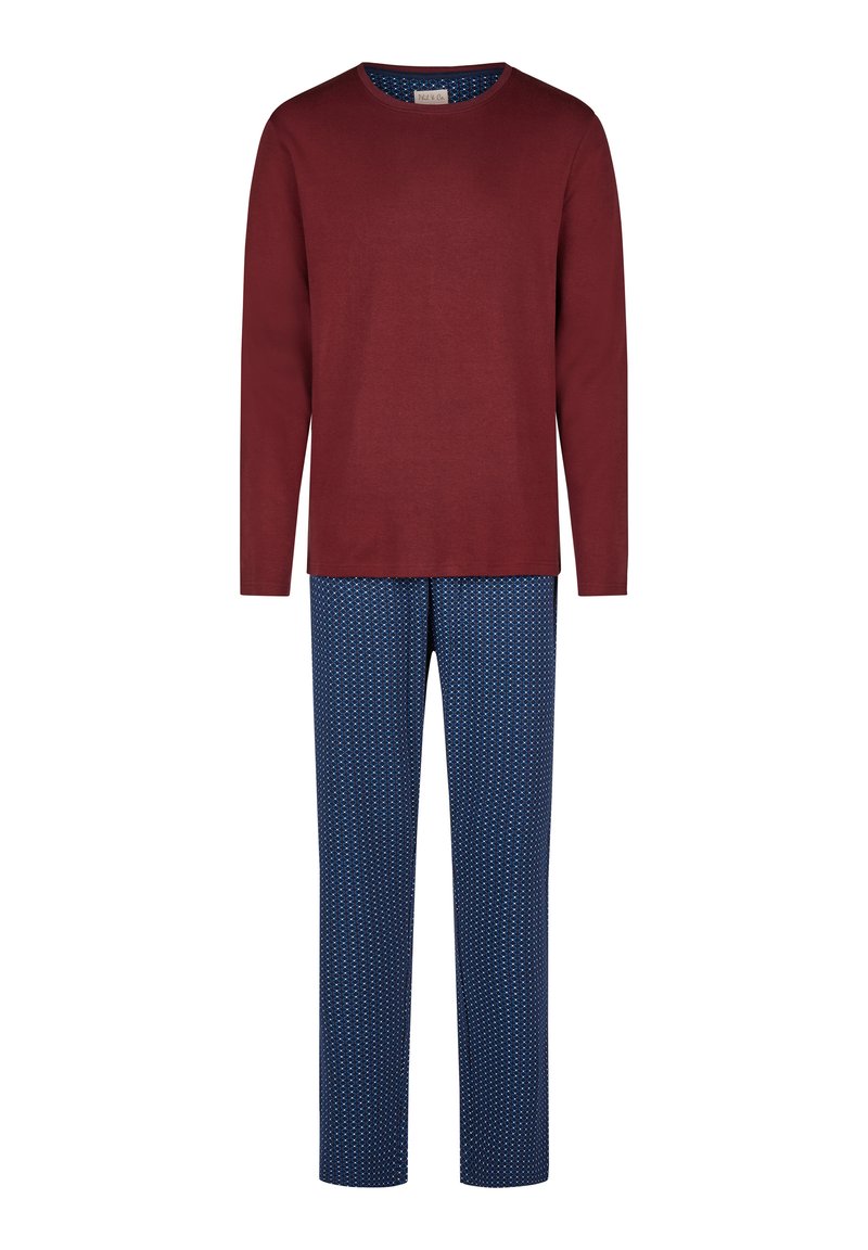 Haut à manches longues bordeaux associé à un pantalon de pyjama bleu marine avec un petit motif géométrique blanc ; en coton, coupe décontractée.