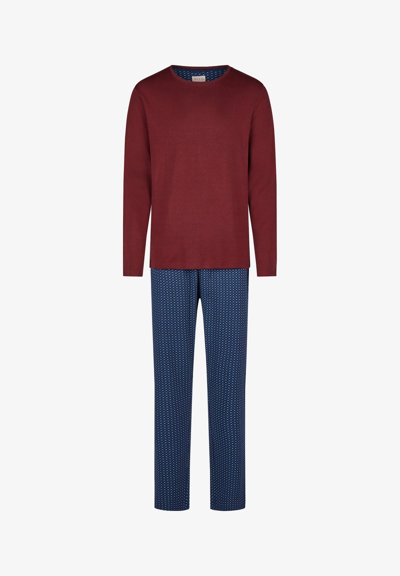 Haut à manches longues bordeaux associé à un pantalon de pyjama bleu marine avec un petit motif géométrique blanc ; en coton, coupe décontractée.