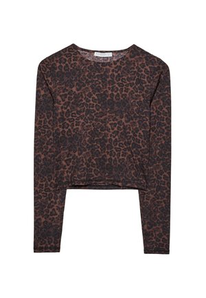 Brun og sort leopardprint langærmet crop top med rund halsudskæring og tætsiddende ærmer.