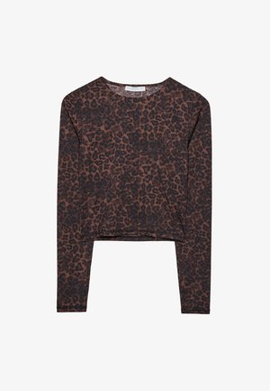 Brun og sort leopardprint langærmet crop top med rund halsudskæring og tætsiddende ærmer.