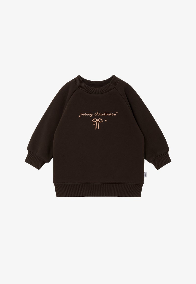 Brown sweatshirt featuring a crew neck, raglan sleeves, and a pink “merry christmas” text design with a bow and star accents.