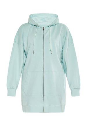 Jasnoniebieska bluza z kapturem wykonana z miękkiego materiału, z pełnym zamkiem błyskawicznym, kieszeniami z przodu oraz ściągaczami przy mankietach i na dole.
