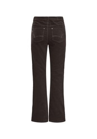 Brown corduroy jeans with a flared design, featuring back pockets and contrast stitching. The waistband has a brand label at the center.