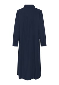 Rochie lungă bleumarin cu mâneci lungi, cu guler, spate pliat și manșete cu nasturi, realizată dintr-un material moale pentru o croială confortabilă.