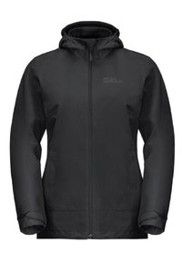 Svart vattentät jacka med dragkedja framtill, justerbar huva och elastiska muddar. Har minimalistisk branding och en slät yta.