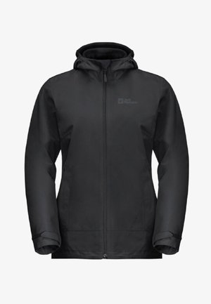 Czarna wodoodporna kurtka z zamkiem z przodu, regulowanym kapturem i elastycznymi mankietami. Charakteryzuje się minimalistycznym brandingiem i gładką fakturą.