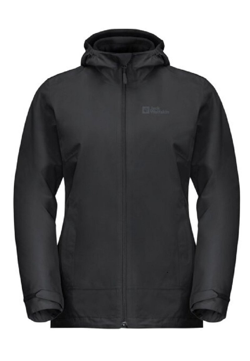 Svart vattentät jacka med dragkedja framtill, justerbar huva och elastiska muddar. Har minimalistisk branding och en slät yta.