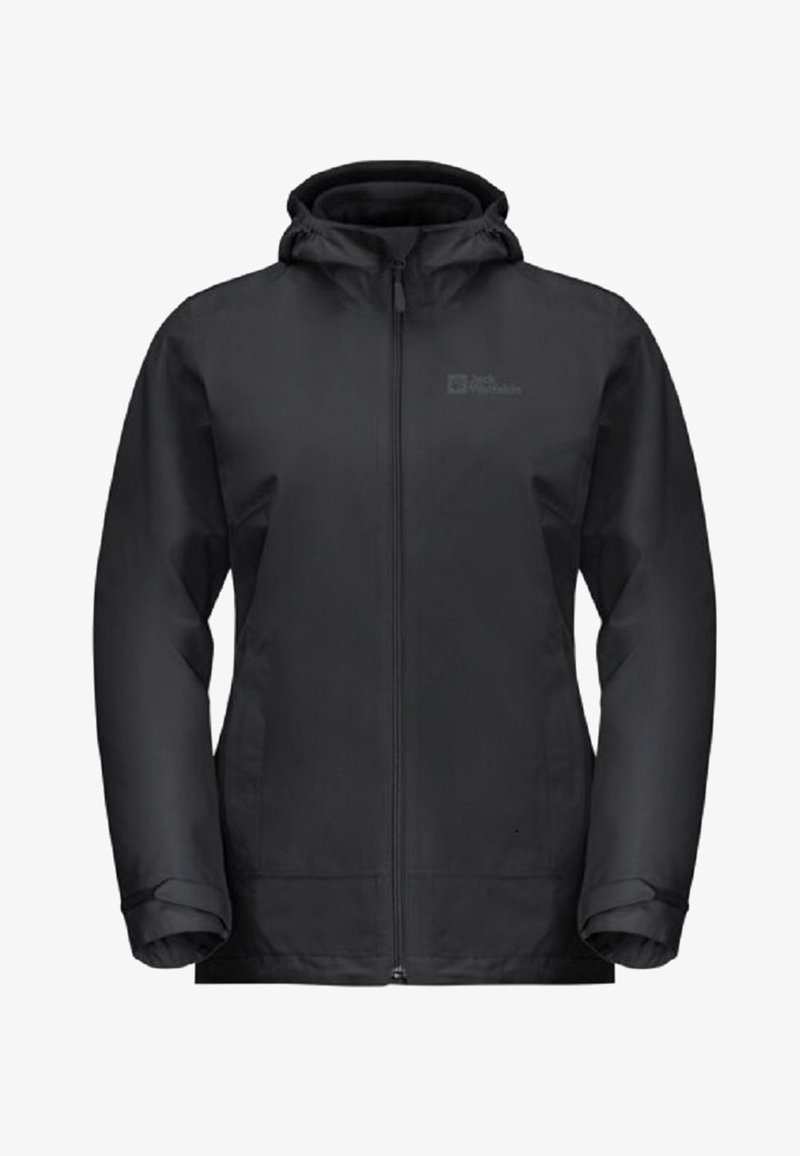 Svart vattentät jacka med dragkedja framtill, justerbar huva och elastiska muddar. Har minimalistisk branding och en slät yta.