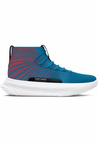 Blauwe hoge sport schoenen met een gestructureerde gebreide bovenkant, voorzien van rode accenten en een witte zool, gemerkt met "Under Armour" aan de zijkant.