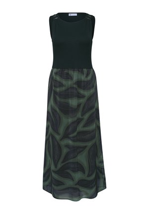 Ärmelloses schwarzes Topkleid mit plissiertem Rock mit großem Muster grüner und schwarzer Blätter, mit Schulterriemendetails.