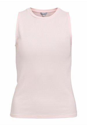 Ermeløs, lyserosa ribbestrikket topp med rund hals, tettsittende passform og "OBJECT" merke inne i kragen.