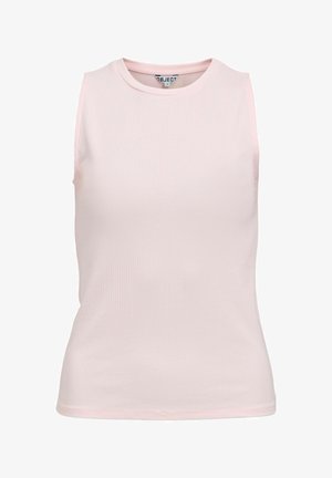 Ermeløs, lyserosa ribbestrikket topp med rund hals, tettsittende passform og "OBJECT" merke inne i kragen.
