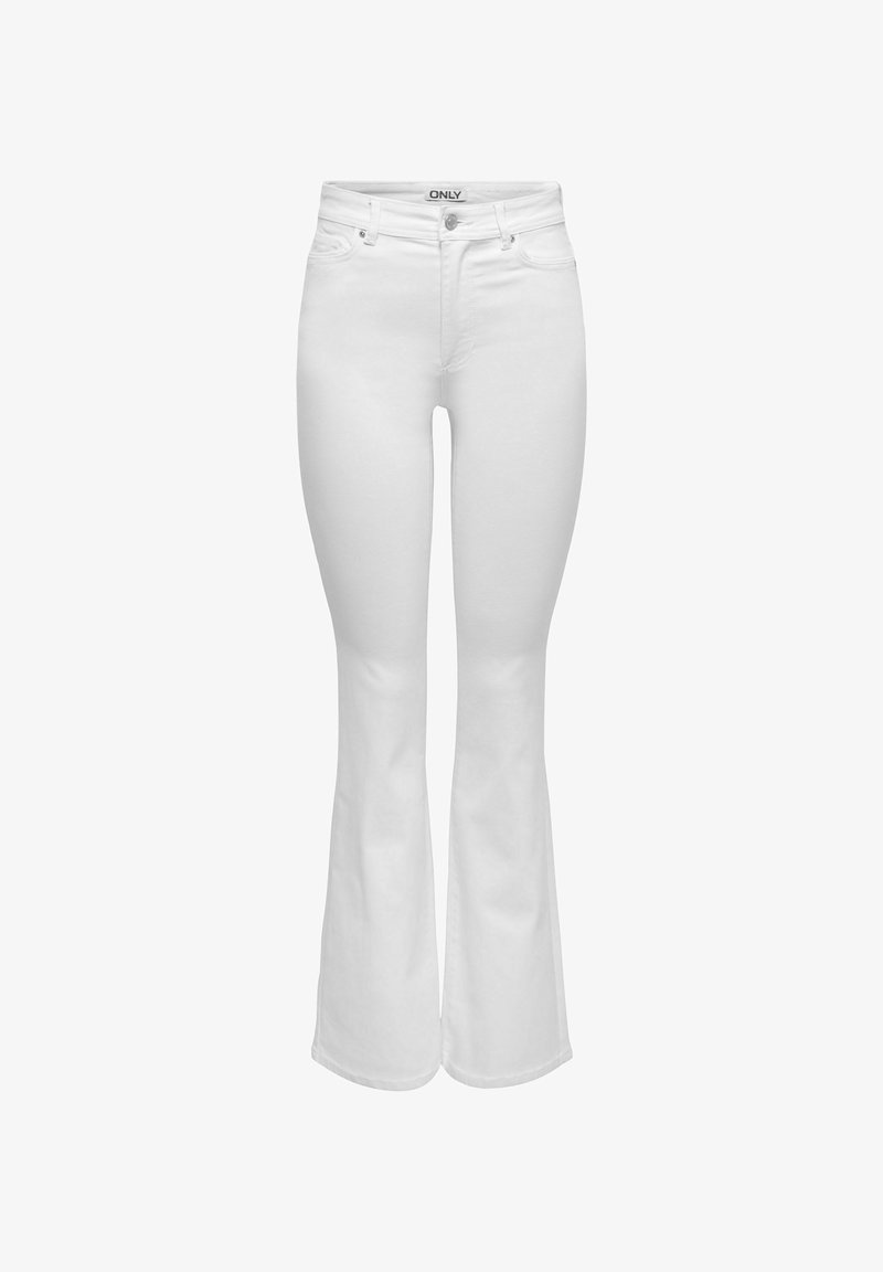Jean flare taille haute blanc avec poches avant, passants pour ceinture, fermeture par bouton et zip, et étiquette de marque à l'intérieur de la ceinture.