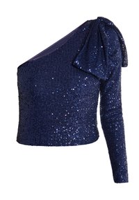 Marineblå top med paljetter, design med én skulder og en rynket ærme, slim fit og struktureret overflade, med glimrende rundpaljetter overalt.