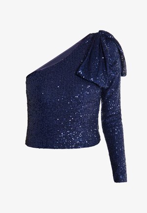 Marineblaues Paillettenoberteil, einseitig tragbar mit einer rüschendekorierten Schulter, figurbetonter Passform und strukturiertem Material, verziert mit schimmernden runden Pailletten.