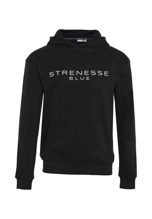Sweat à capuche noir avec une poche kangourou à l'avant, des poignets côtelés et un logo blanc "STRENESSE BLUE" imprimé sur la poitrine.