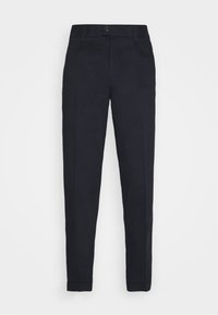 Pánské slim-fit kalhoty navy modré barvy s knoflíkovým zapínáním, poutky na opasek a manžetami.