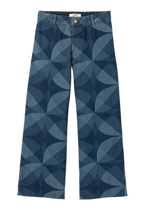 Pantalon en denim taille haute à jambes larges avec motif circulaire géométrique dans des nuances de bleu variées et fermeture à boutons sur le devant.