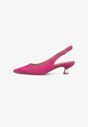 Scarpa con tacco kitten slingback in camoscio rosa, con punta a punta e fibbia e punta del tacco in tono oro.