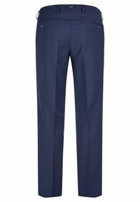 Marineblaue Hose aus glattem Stoff, mit zwei aufgesetzten Gesäßtaschen mit Knöpfen und geradem Bein.