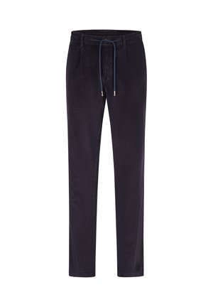 Pantalones de pana azul marino oscuro con piernas rectas y cintura con cordón, mostrados sobre un fondo blanco liso.