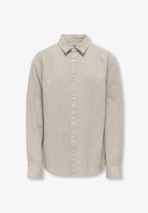 Λινό πουκάμισο σε ανοιχτό μπεζ, με μπροστινό κούμπωμα, κλασικό γιακά, μακρύ μανίκι και καμπυλωτή σχεδίαση στο τελείωμα. Τα κουμπιά είναι στρογγυλά και λευκά.