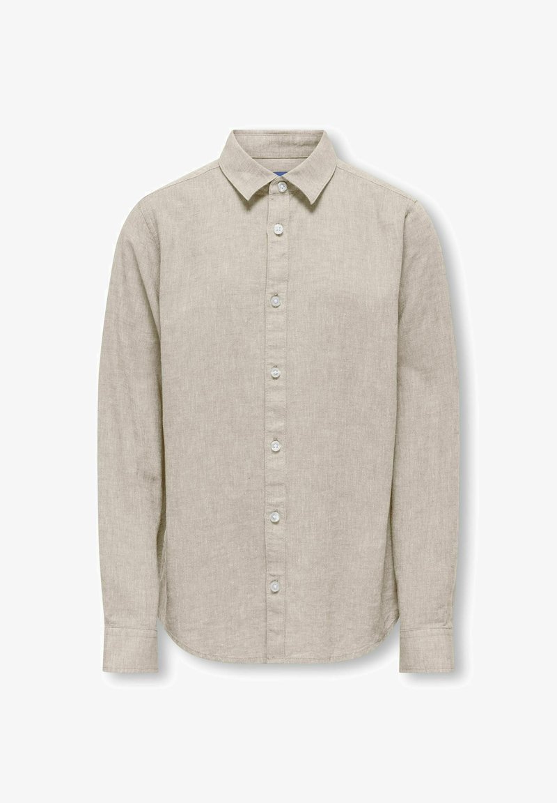 Camicia di lino di colore beige chiaro, con chiusura a bottoni, colletto classico, maniche lunghe e orlo curvo. I bottoni sono tondi e bianchi.