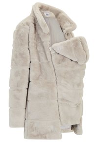 Cappotto in pelliccia sintetica di un beige chiaro, caratterizzato da una texture morbida e un colletto, con chiusura a zip e design a pannelli per un maggior calore.