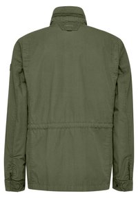 Olive green, lightweight jacket with a stand collar, elastic cuffs, and adjustable drawstring waist. Smooth texture and minimal detailing.