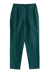 Groene linnen broek met een taps toelopende pijp, met een vaste tailleband, zijzakken en drie decoratieve knopen aan de linkerkant.