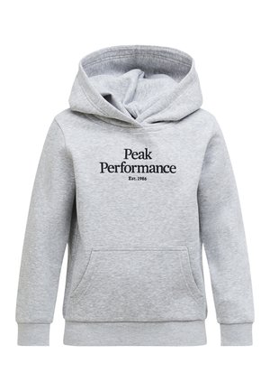 Lysegrå hættetrøje med forlomme og sort tekst "Peak Performance Est. 1986" på brystet.