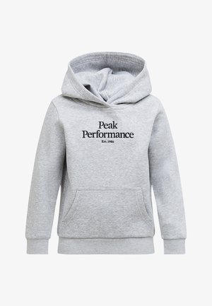 Hellgraues Kapuzen-Sweatshirt mit Fronttasche und schwarzem Text "Peak Performance Est. 1986" auf der Brust.