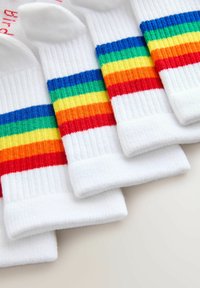 Valged sokid, millel on mitmevärvilised horisontaalsed triibud punases, oranžis, kollases, rohelises ja sinises. Ülaservas ribakujuline tekstuur.