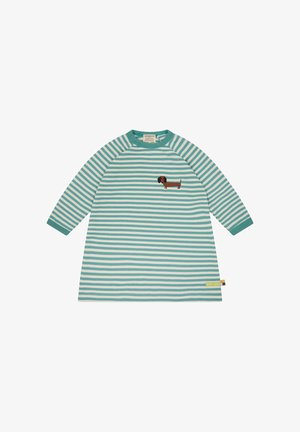 Abito a righe blu e bianche con maniche lunghe, scollatura rotonda, caratterizzato da un ricamo di un bassotto sul petto e un'etichetta laterale.