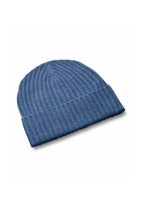Berretto di maglia blu con una texture a coste, caratterizzato da un risvolto. Realizzato in un tessuto morbido, presenta un motivo uniforme in tutto il capo.