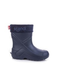 Granatowe wodoodporne gumowe buty z żeberkowym niebieskim mankietem, teksturowaną podeszwą i zakrzywionymi elementami designu. Widoczne logo na mankiecie.