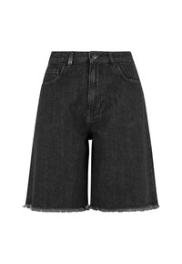 Shorts de mezclilla negros de tiro alto con bolsillos frontales, cierre de botón, trabillas para cinturón y dobladillos deshilachados.