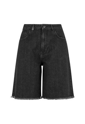 Șorturi din denim negre cu talie înaltă, cu buzunare frontale, închidere cu nasture, bucle pentru curea și margini descoase.