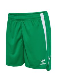 Shorts de sport verts avec taille élastique, bande verticale blanche sur le côté, et logo hummel blanc près de l'ourlet sur la jambe droite.