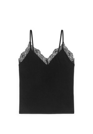 Zwarte top met spaghettibandjes, voorzien van een V-hals en kanten rand. Geribbelde textuur, aangesloten pasvorm en een nette zoom.