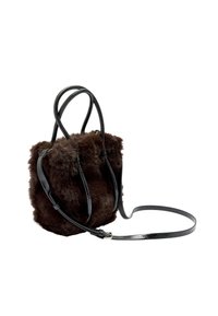 Brązowa, puszysta torebka o teksturowanej powierzchni, czarne skórzane uchwyty oraz odpinany pasek na ramię. Okrągły kształt, kompaktowy design.